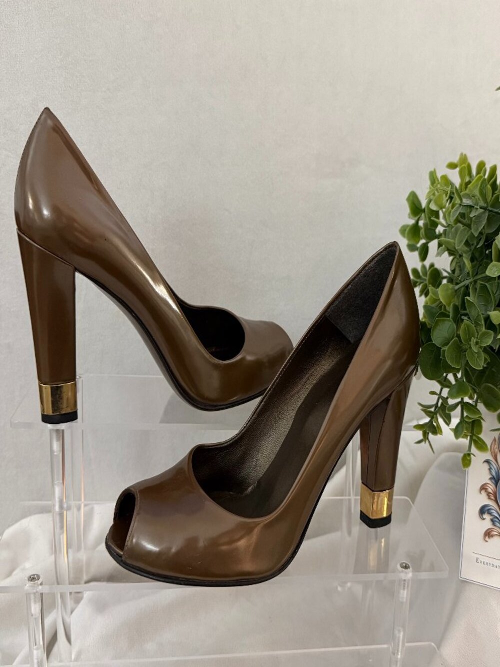 Stuart Weitzman Brown Patent Peep-Toe Pumps Gold Accent 7.5M
